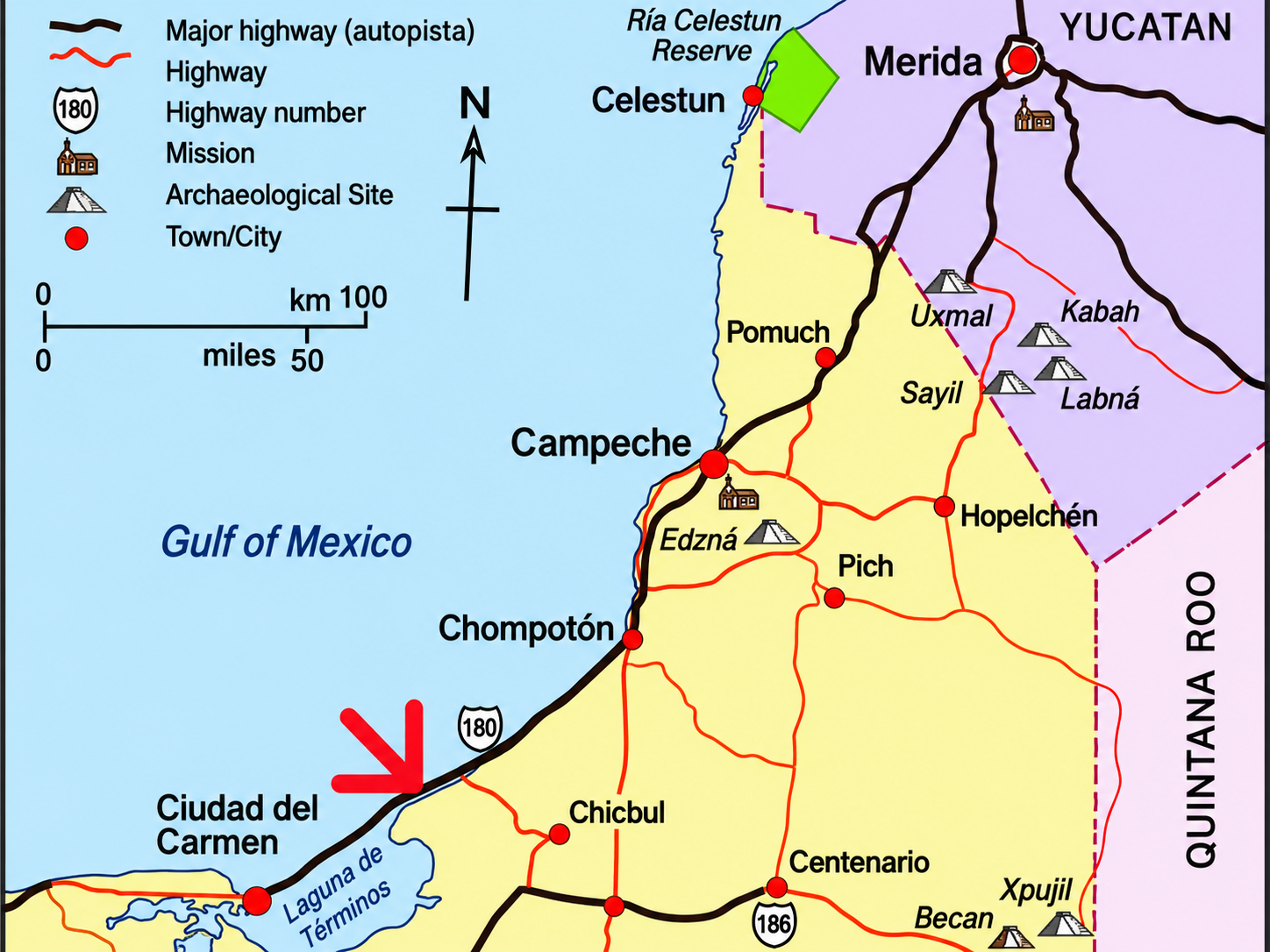 Regional road map of Campeche and the Yucatán Peninsula, with the supplied coastal arrow marker