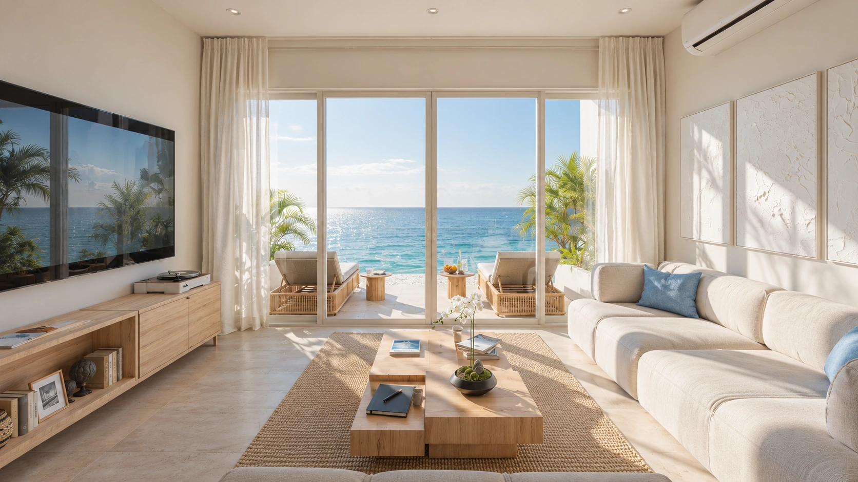 Living room opening to an ocean terrace
