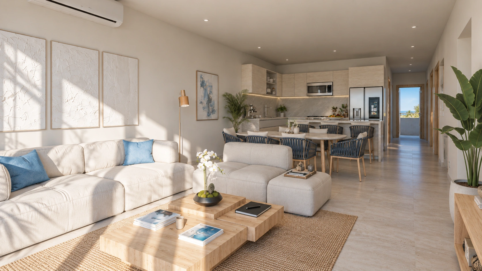 The furnished living, dining and kitchen space