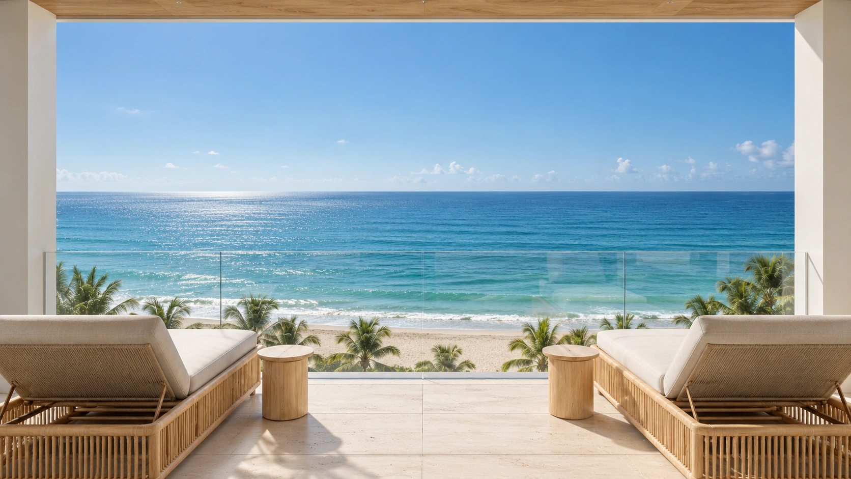 A private ocean-facing terrace with pale timber loungers