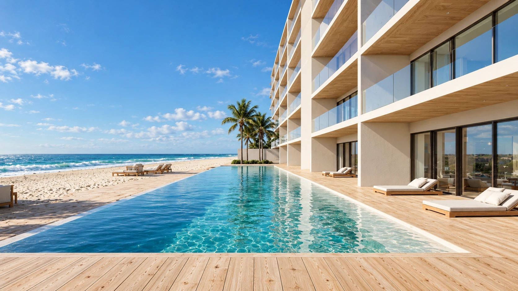 A long oceanfront pool beside the residences