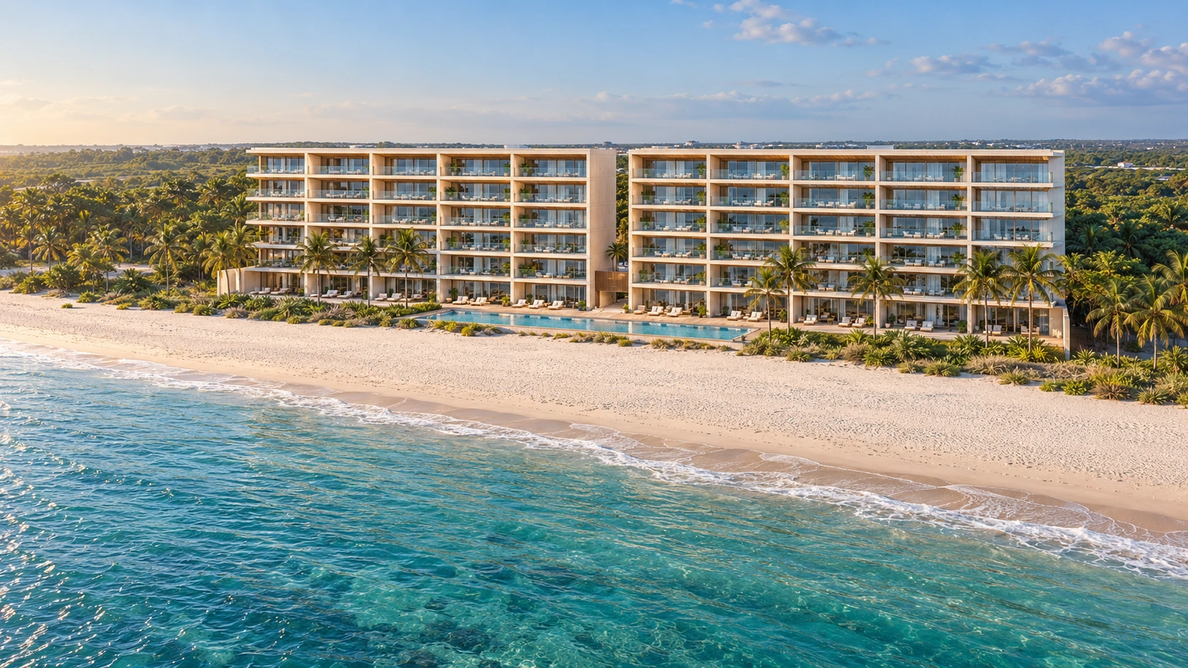 An aerial view along the coastline and oceanfront residences