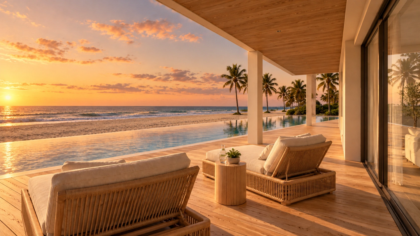 A ground-floor ocean patio at golden hour