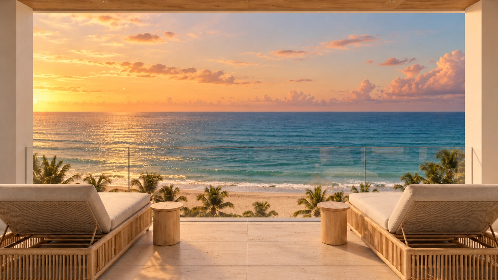 A furnished terrace at sunset
